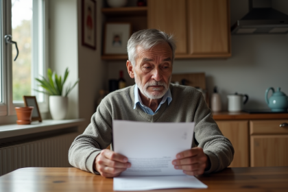 Homme âgé lisant une lettre de pension à la maison