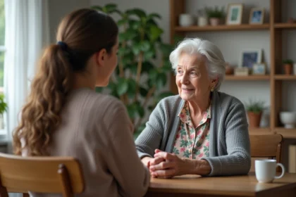 Femme âgée parlant calmement avec une assistante sociale