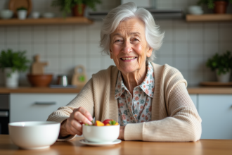 Femme âgée souriante dégustant un yaourt naturel