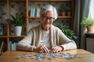 Seniorelle souriante assemble un puzzle chez elle