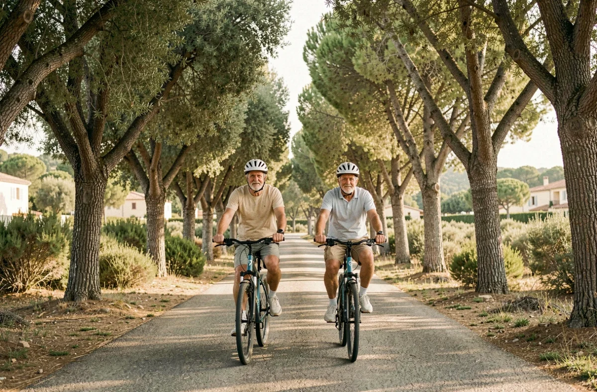 Couple de seniors faisant du vélo dans les allées boisées de la résidence Senioriales de Gonfaron