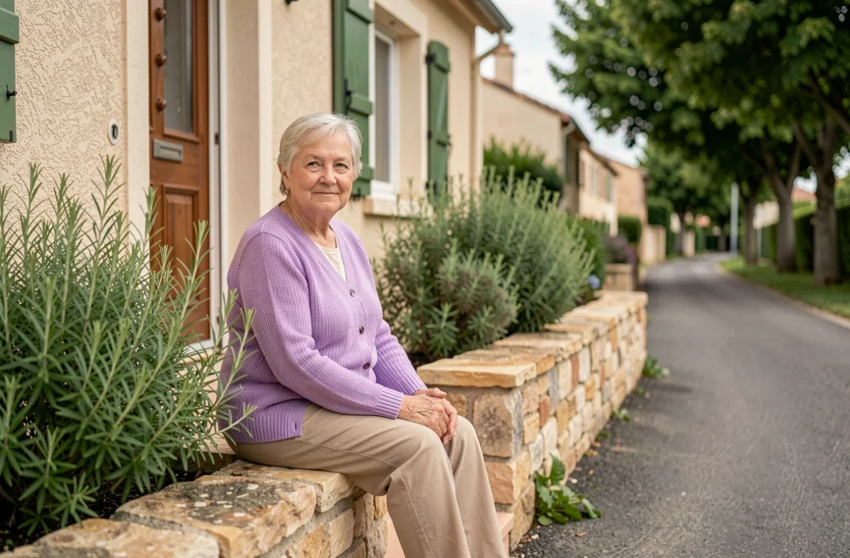 Résidente devant sa villa individuelle dans la résidence Senioriales de La Celle entourée de son jardin provençal