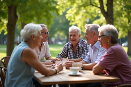Groupe de seniors souriants autour d'un café en plein air
