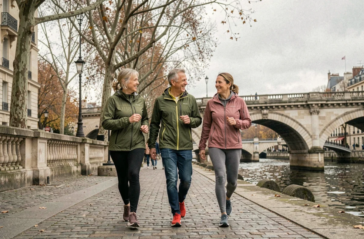 Groupe de seniors marchant au bord de la Seine à Paris lors d'une activité sociale organisée