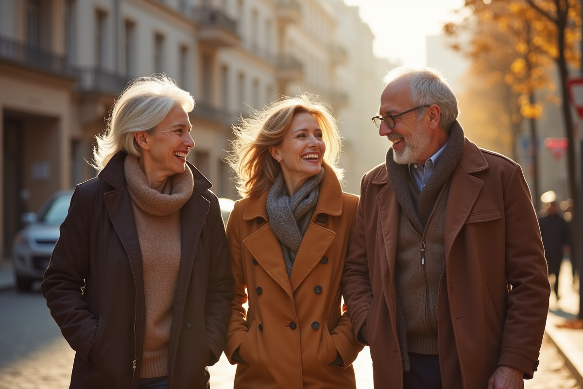 Trois seniors marchant dans une rue urbaine ensoleillee