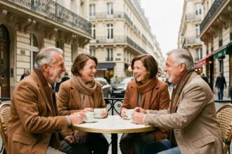 Groupe de seniors parisiens autour d'un café en terrasse, vie sociale après 55 ans à Paris