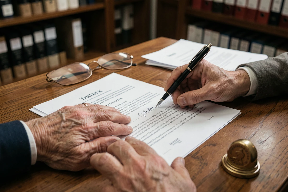 Mains d'une personne âgée et d'un mandataire signataire de documents juridiques liés à l'habilitation familiale chez un notaire