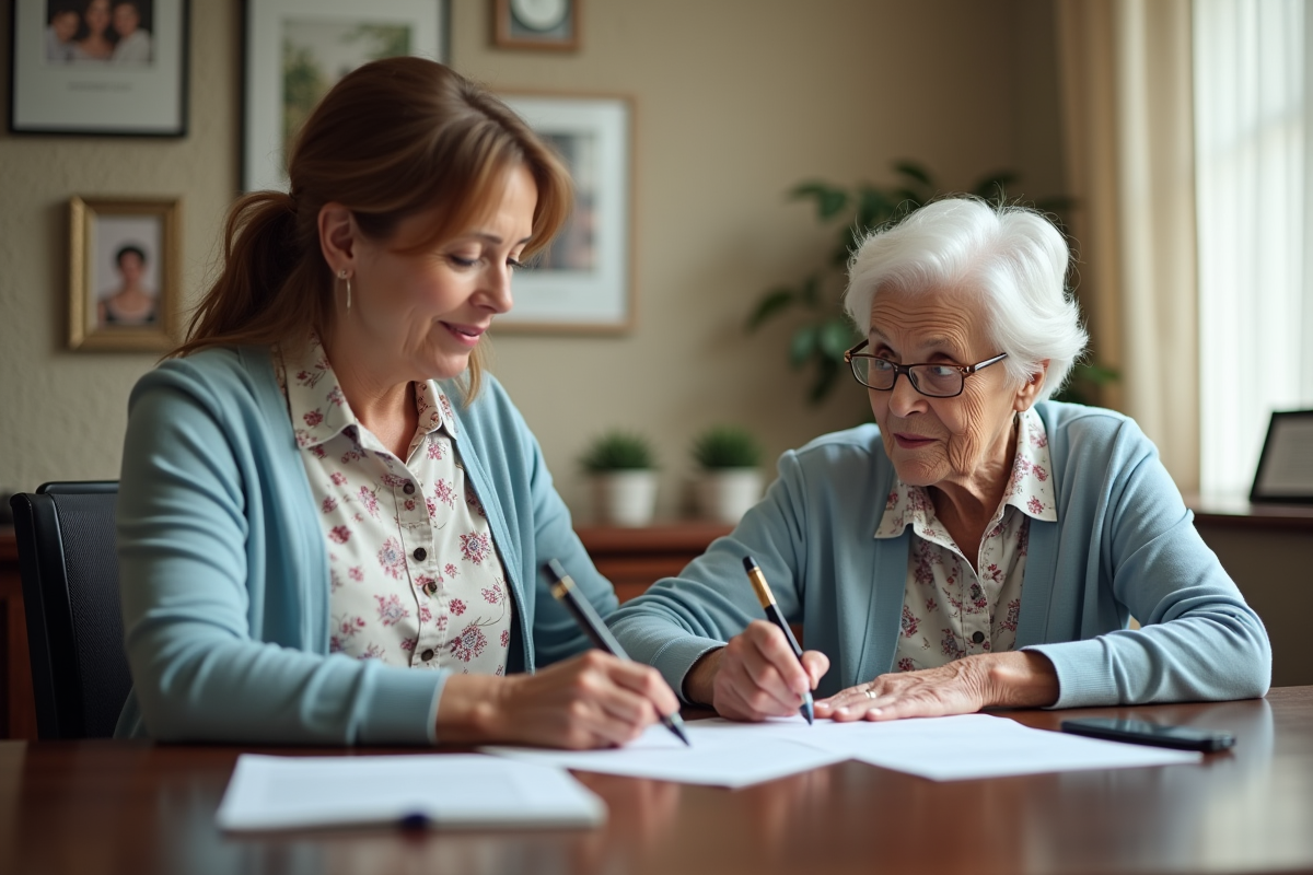 Femme âgée signant des documents avec sa fille dans un bureau