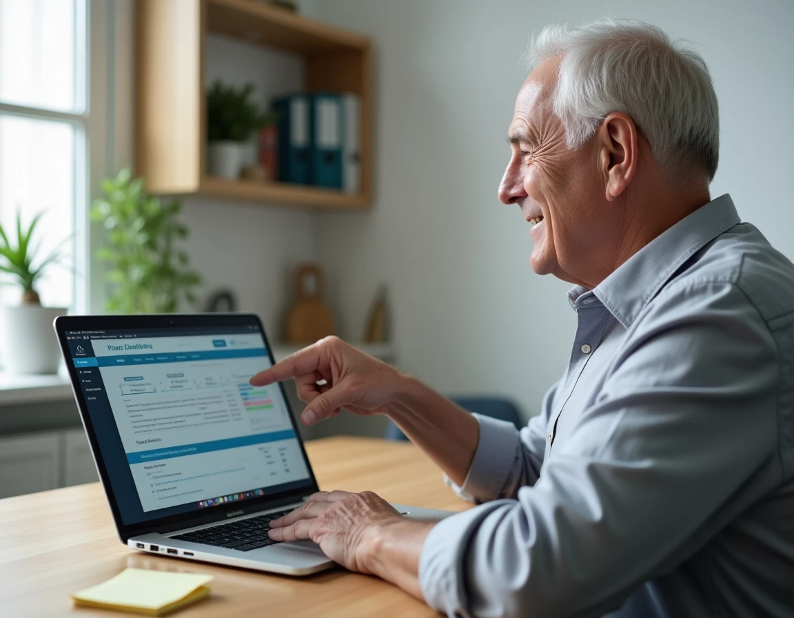 Homme en préretraite utilisant un simulateur de retraite en ligne sur son ordinateur portable dans un bureau à domicile