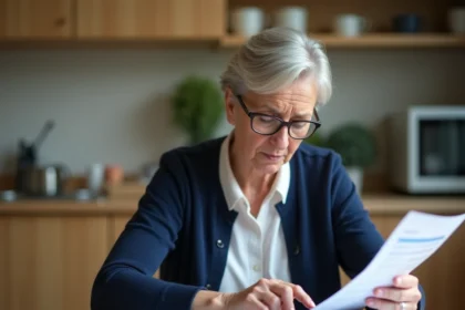 Femme de 58 ans consultant sa simulation de montant retraite avec des documents imprimés sur une table de cuisine en bois