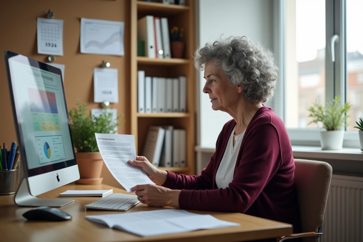 Femme retraitée consultant une simulation de pension complémentaire 2026 dans son bureau à domicile