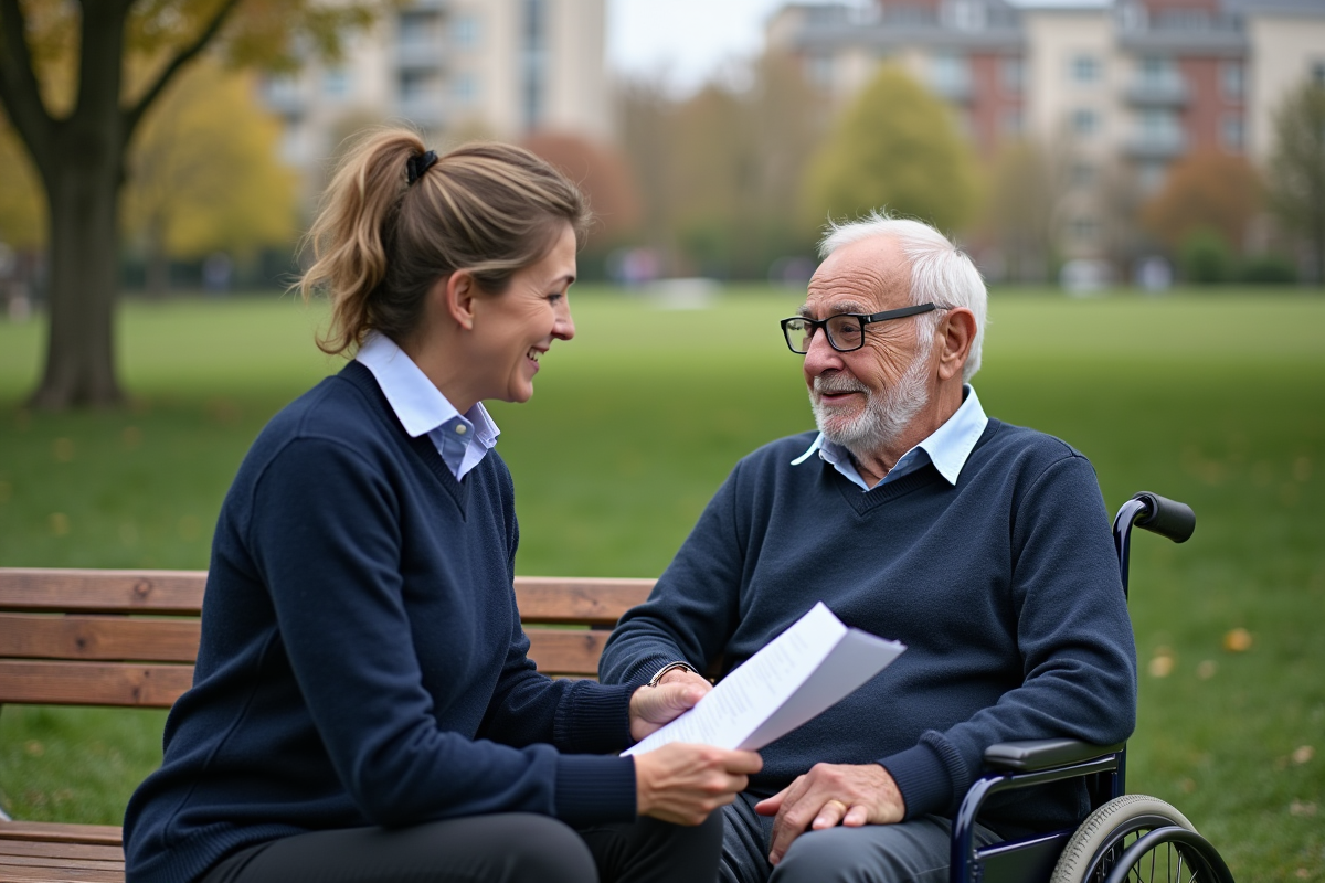 Travailleuse sociale aide un senior en extérieur dans un parc
