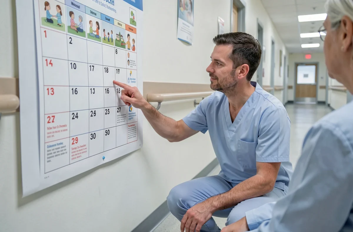 Soignant montrant la date sur un calendrier de repérage temporel dans un établissement de soins