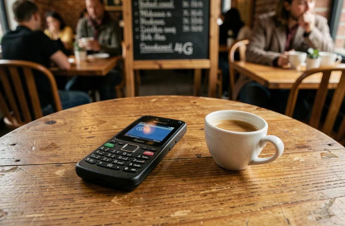 Téléphone mobile simple compatible 4G posé sur une table en bois dans un café
