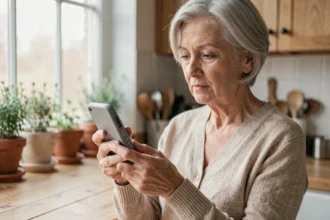 Femme âgée tenant un téléphone mobile simple à grandes touches dans une cuisine chaleureuse
