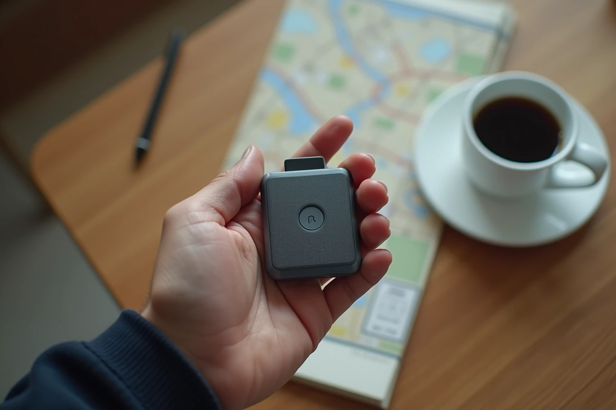 Gros plan sur un traceur GPS dans une main masculine posé sur un bureau en bois, symbolisant la technologie de géolocalisation discrète