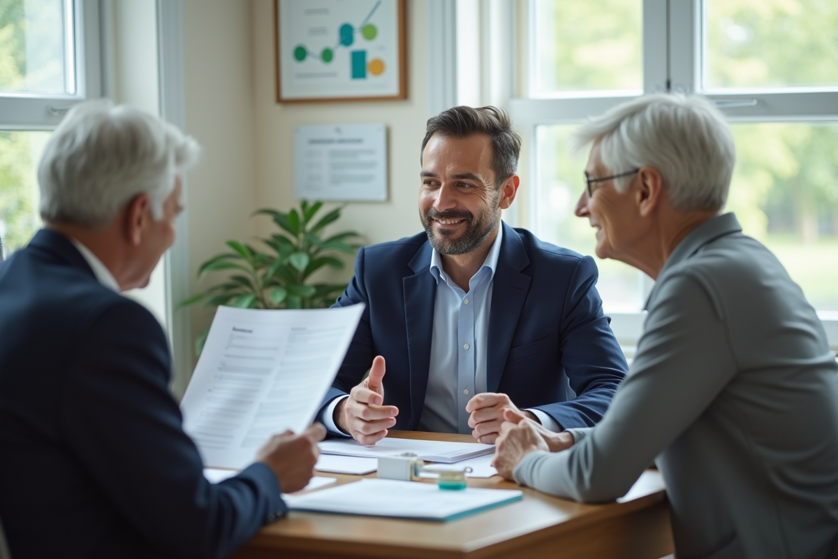 Travailleur social expliquant des papiers à un couple âgé