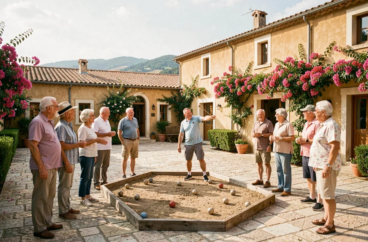Résidents jouant à la pétanque dans la résidence Les Villages d'Or à Grimaud