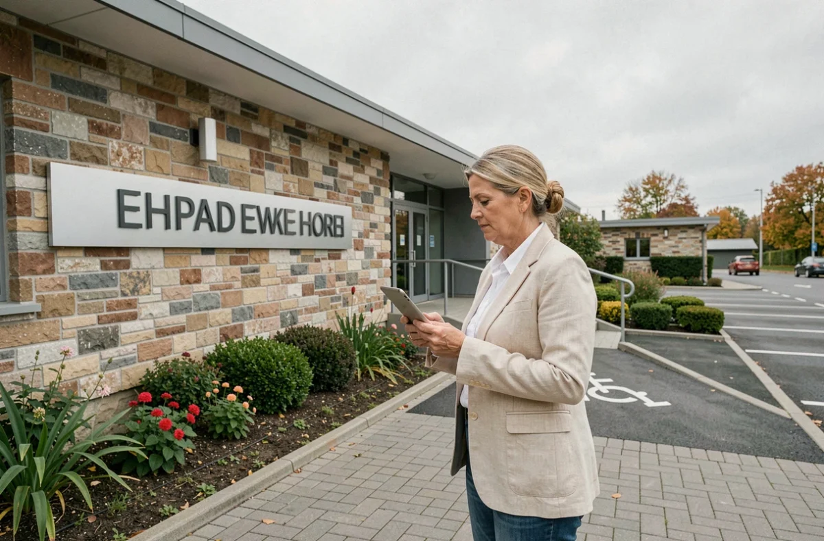 Personne évaluant les critères extérieurs d'un EHPAD lors d'une visite avant admission d'un proche senior